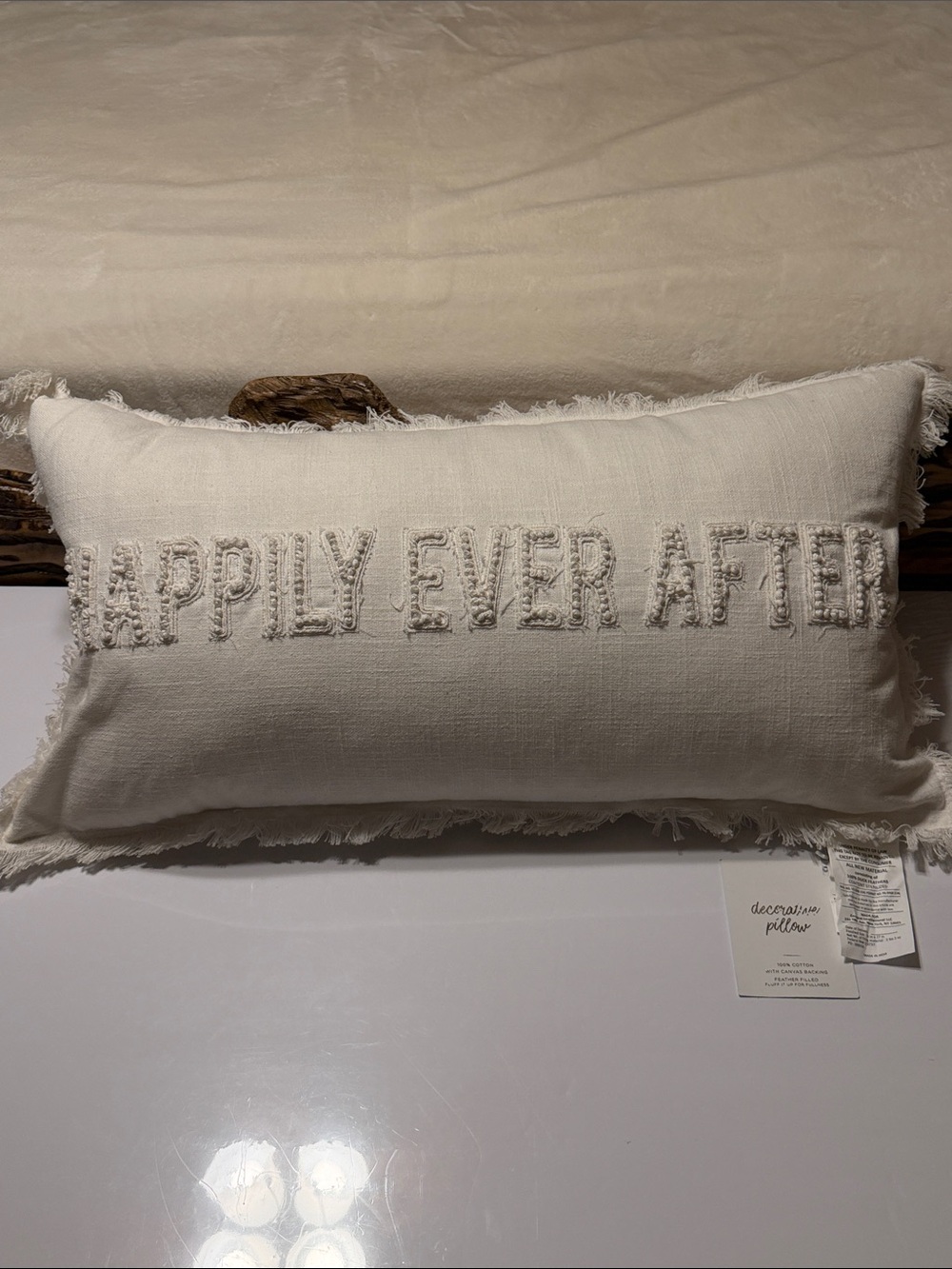 Decorative Cream Feather Filled Fringe Lumbar Pillow “Happily Ever After”  14x27